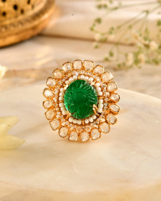 Carved Polki Emerald Ring