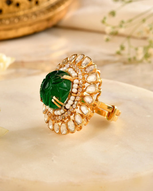 Carved Polki Emerald Ring